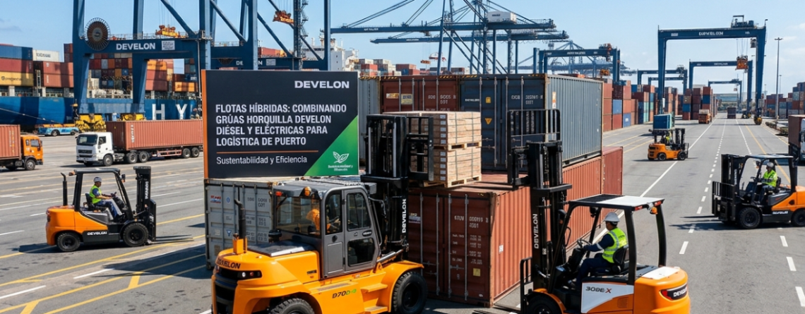 combinando grúas horquilla DEVELON diésel y eléctricas para logística de puerto